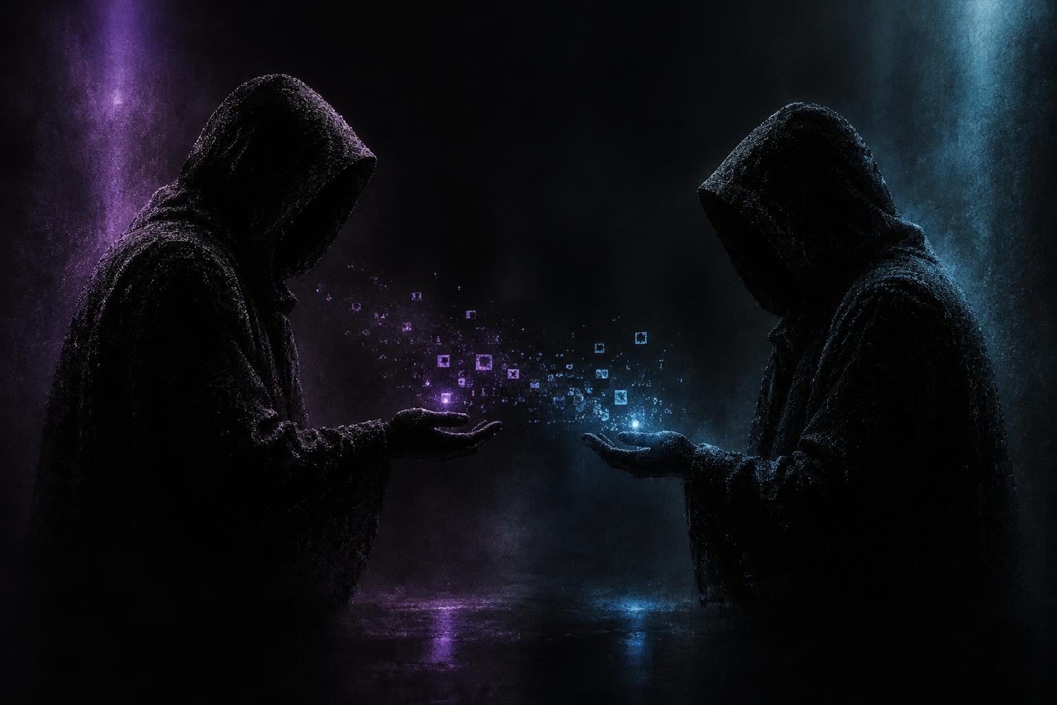 Duas silhuetas anônimas trocando mensagens criptografadas
